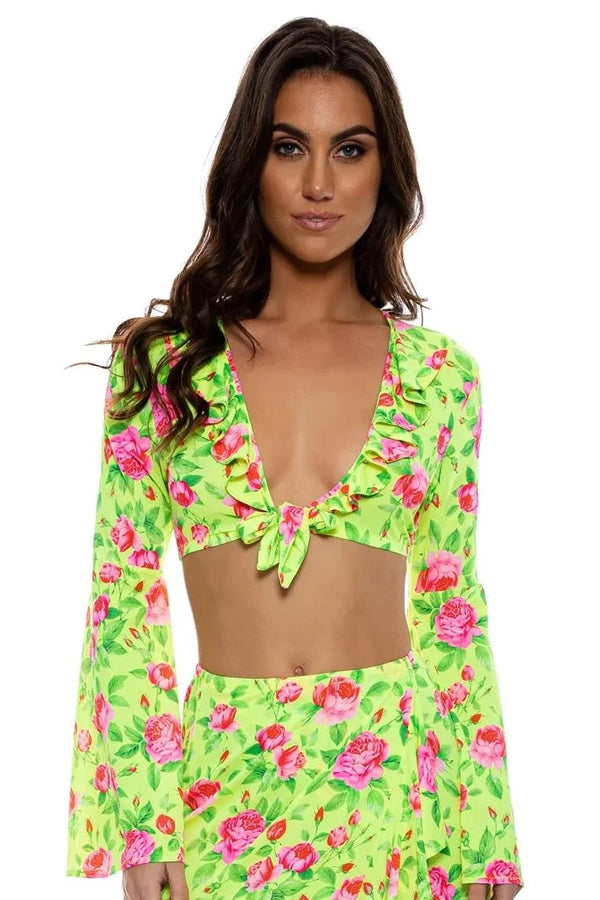 Luli Fama Ti Amo Ruffle Bell Sleeve Crop Top